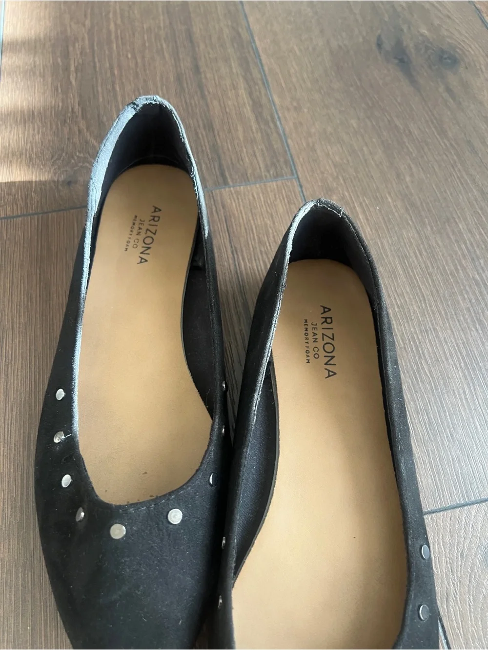 Arizona Jean Company Black Pointed-Toe Flats with Silver Stud Accents